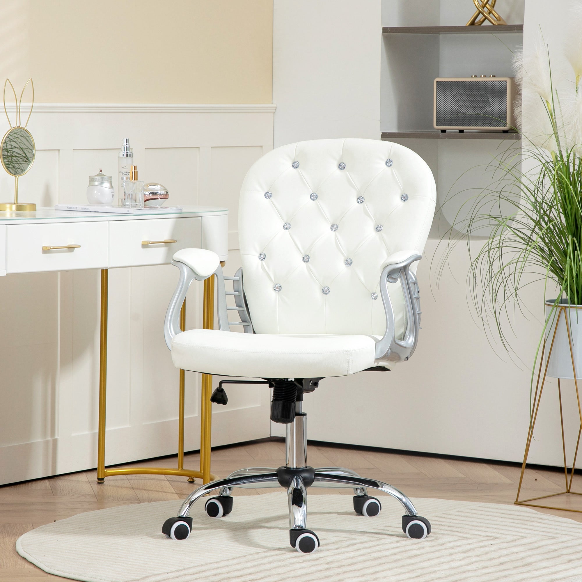 Vinsetto Office Chair Ergonomic 360\'c2\'b0 Swivel PU Diamante Padded Base 5 Castor Wheels for Home Work White