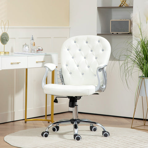 Vinsetto Office Chair Ergonomic 360\'c2\'b0 Swivel PU Diamante Padded Base 5 Castor Wheels for Home Work White