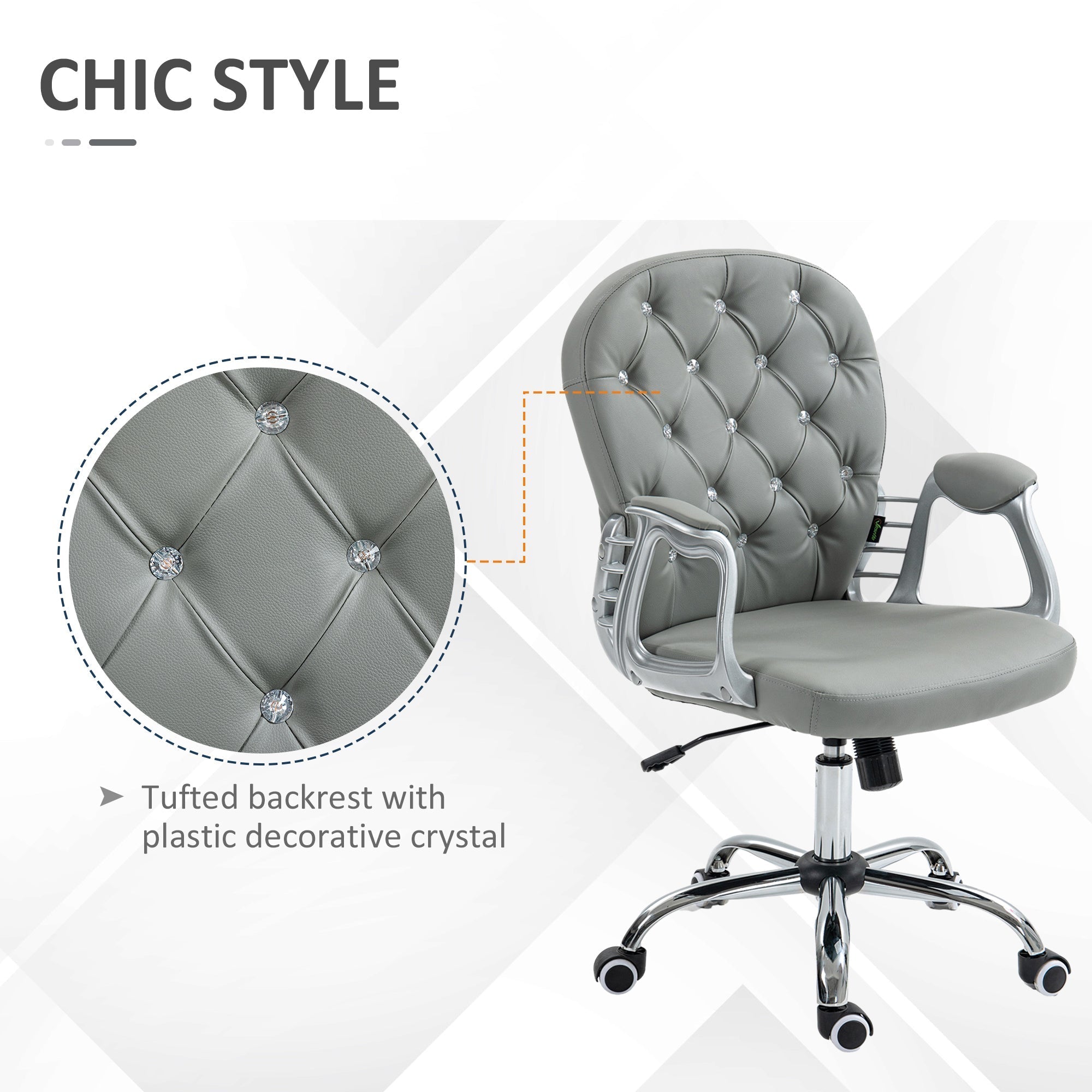 Vinsetto Office Chair Ergonomic 360\'c2\'b0 Swivel PU Diamante Padded Base 5 Castor Wheels for Home Work Grey