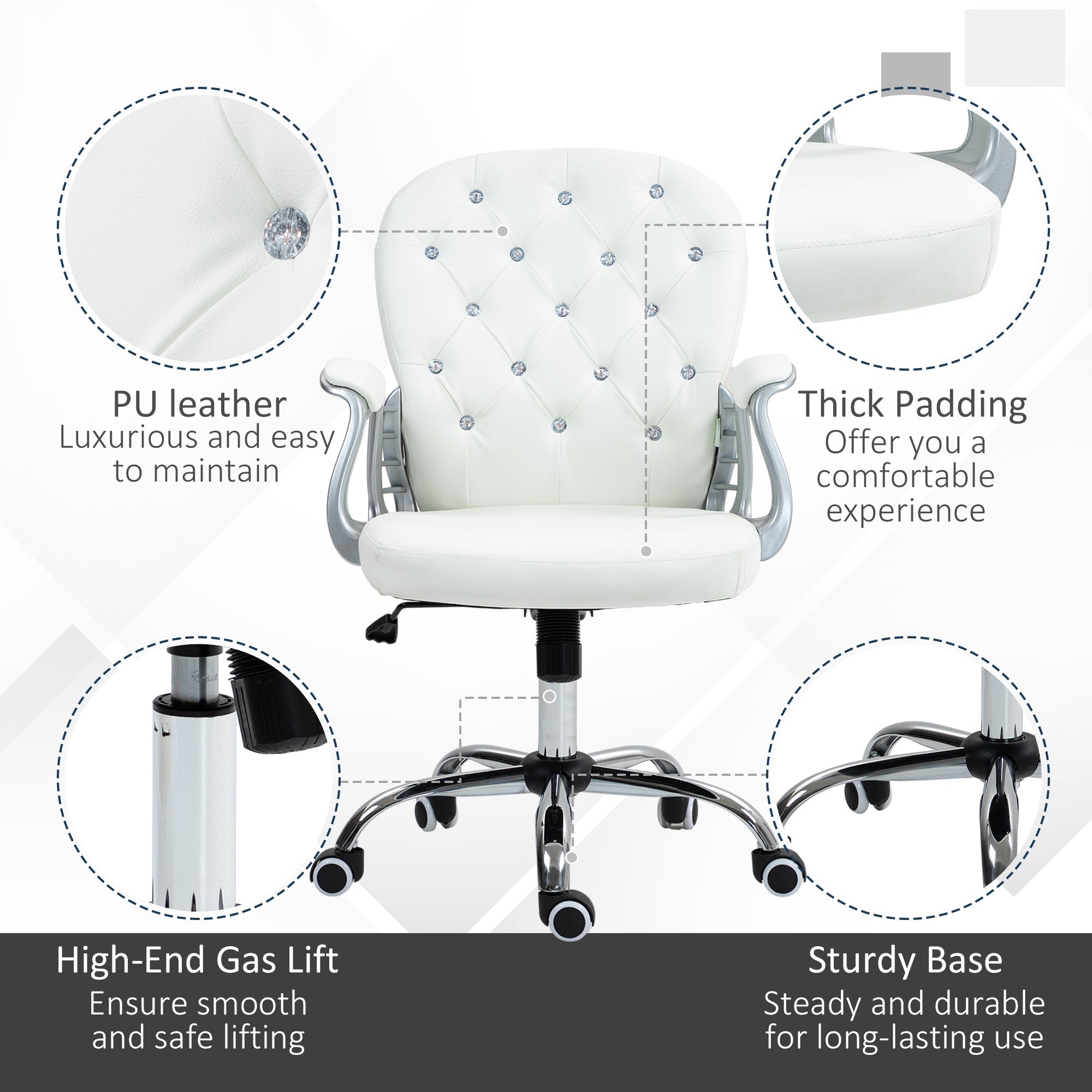 Vinsetto Office Chair Ergonomic 360\'c2\'b0 Swivel PU Diamante Padded Base 5 Castor Wheels for Home Work White