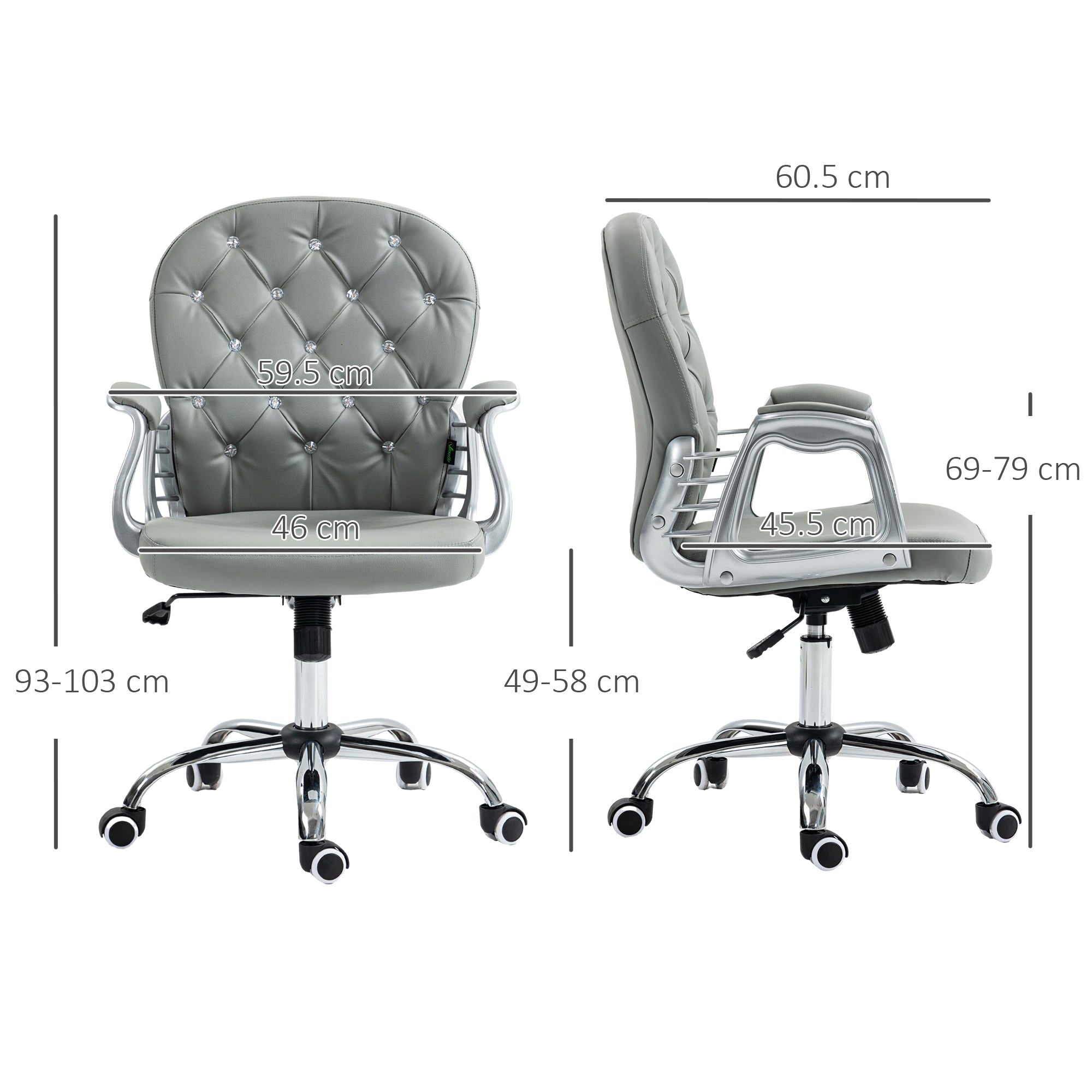 Vinsetto Office Chair Ergonomic 360\'c2\'b0 Swivel PU Diamante Padded Base 5 Castor Wheels for Home Work Grey