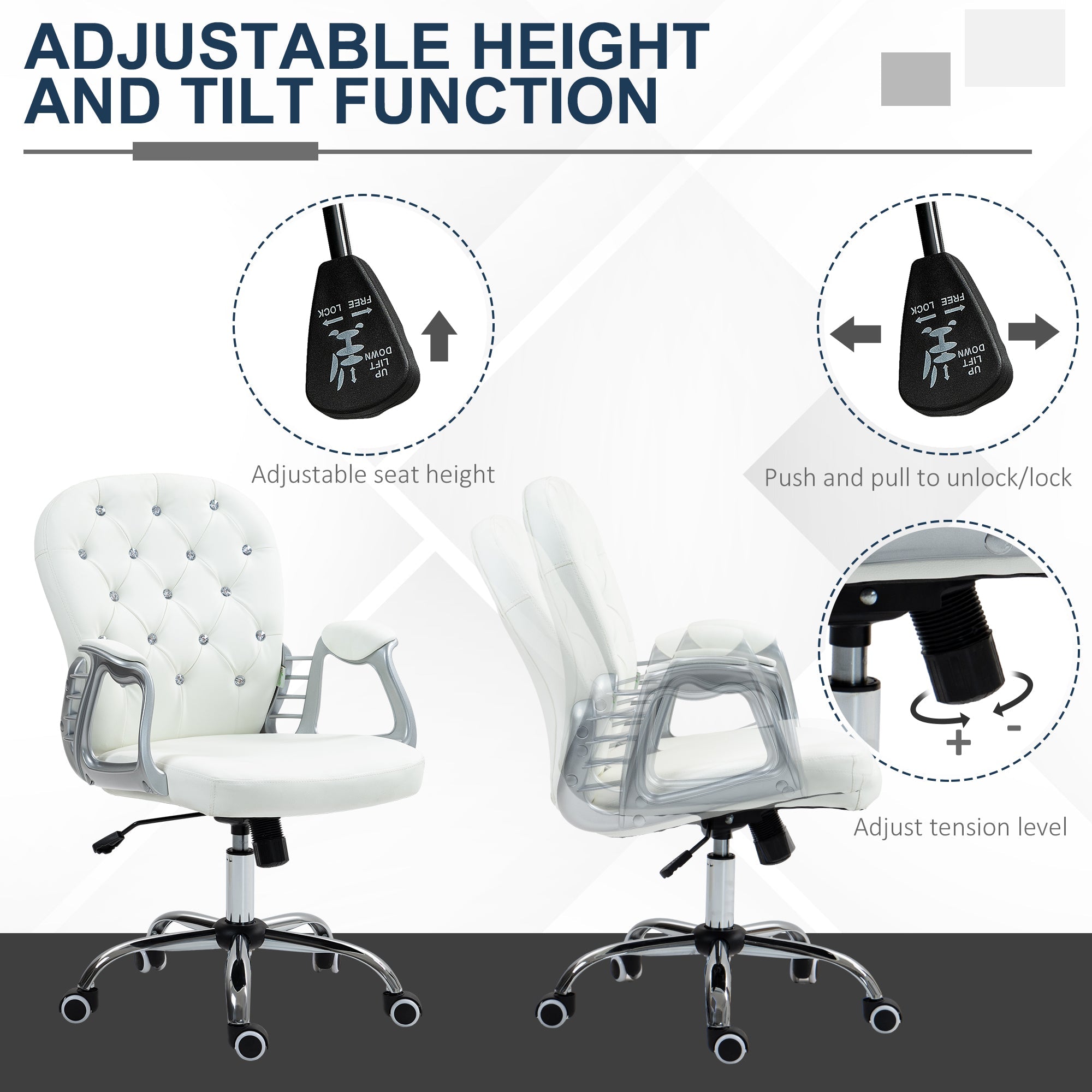 Vinsetto Office Chair Ergonomic 360\'c2\'b0 Swivel PU Diamante Padded Base 5 Castor Wheels for Home Work White