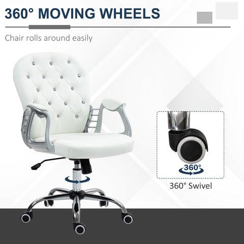 Vinsetto Office Chair Ergonomic 360\'c2\'b0 Swivel PU Diamante Padded Base 5 Castor Wheels for Home Work White