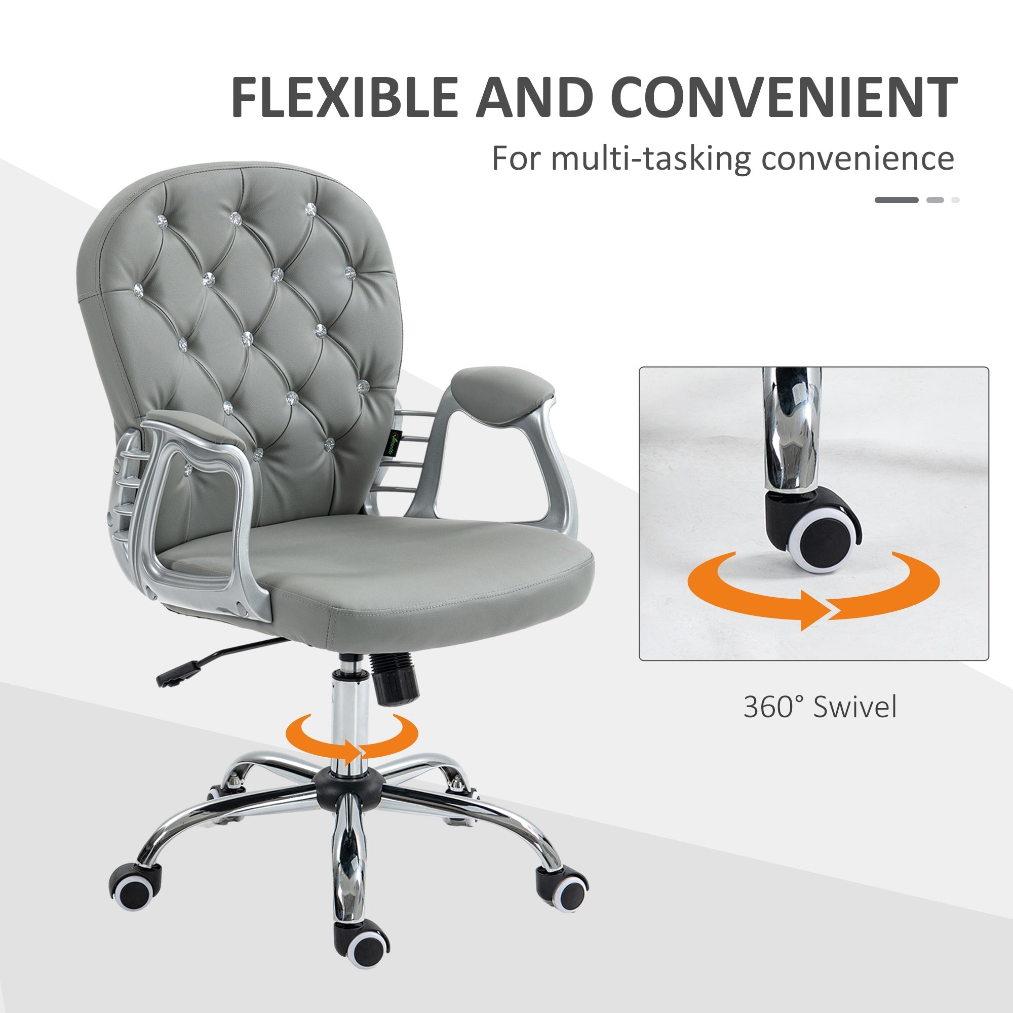 Vinsetto Office Chair Ergonomic 360\'c2\'b0 Swivel PU Diamante Padded Base 5 Castor Wheels for Home Work Grey