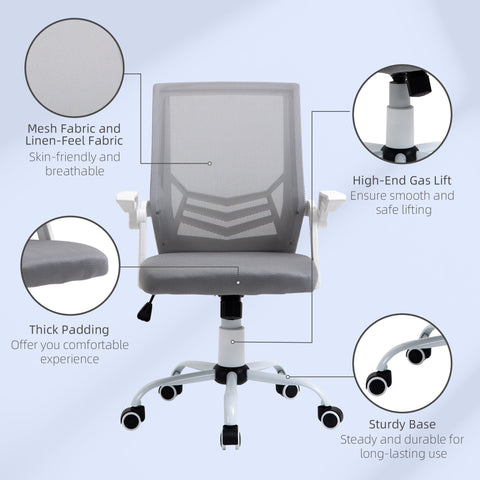 Gray mesh vinsetto office chair with white frame, five wheels, adjustable height, flip-up armrest, and lumbar support