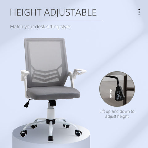 Vinsetto gray mesh office chair with white arms and base features adjustable height and five wheels for ergonomic seating