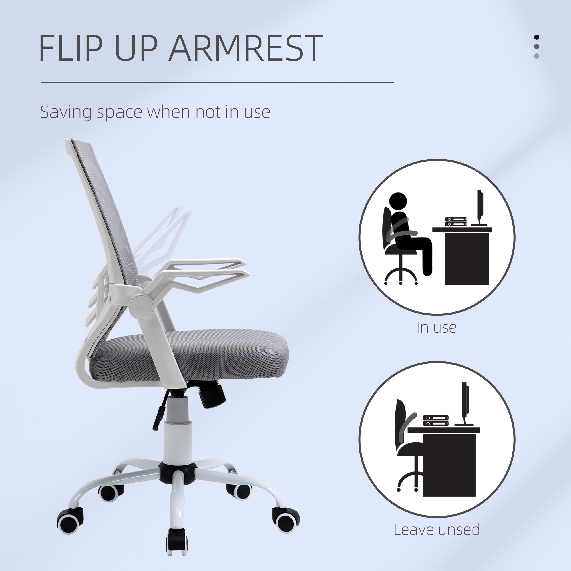 Vinsetto office chair with adjustable height, gray mesh upholstery, white frame, flip-up armrests, and five wheels for home or office