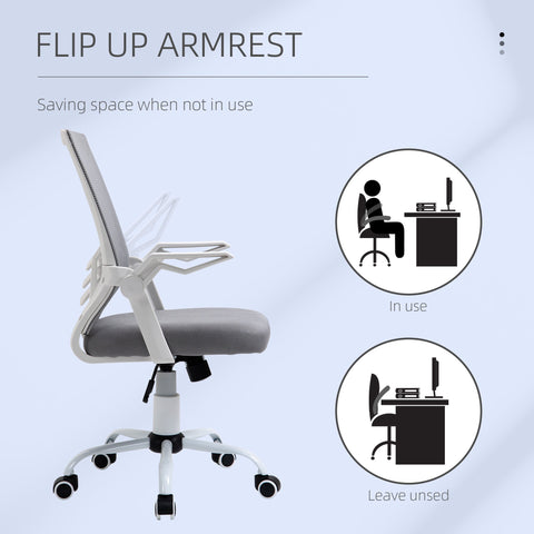Vinsetto office chair with adjustable height, gray mesh upholstery, white frame, flip-up armrests, and five wheels for home or office