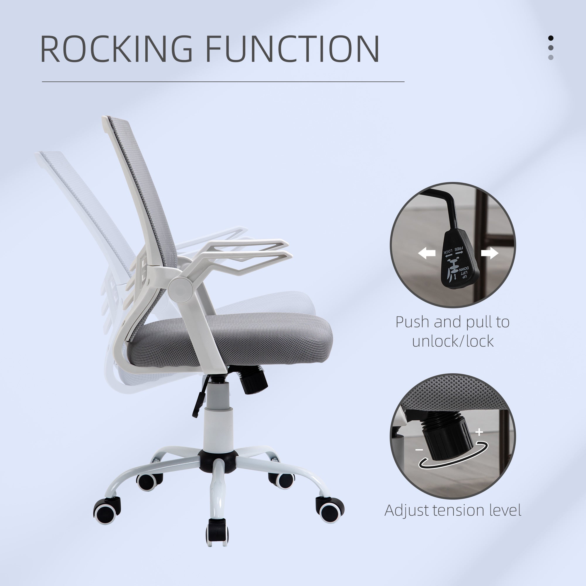 Vinsetto office chair in grey with gray mesh seat and back, adjustable height, five wheels, and flip-up armrests