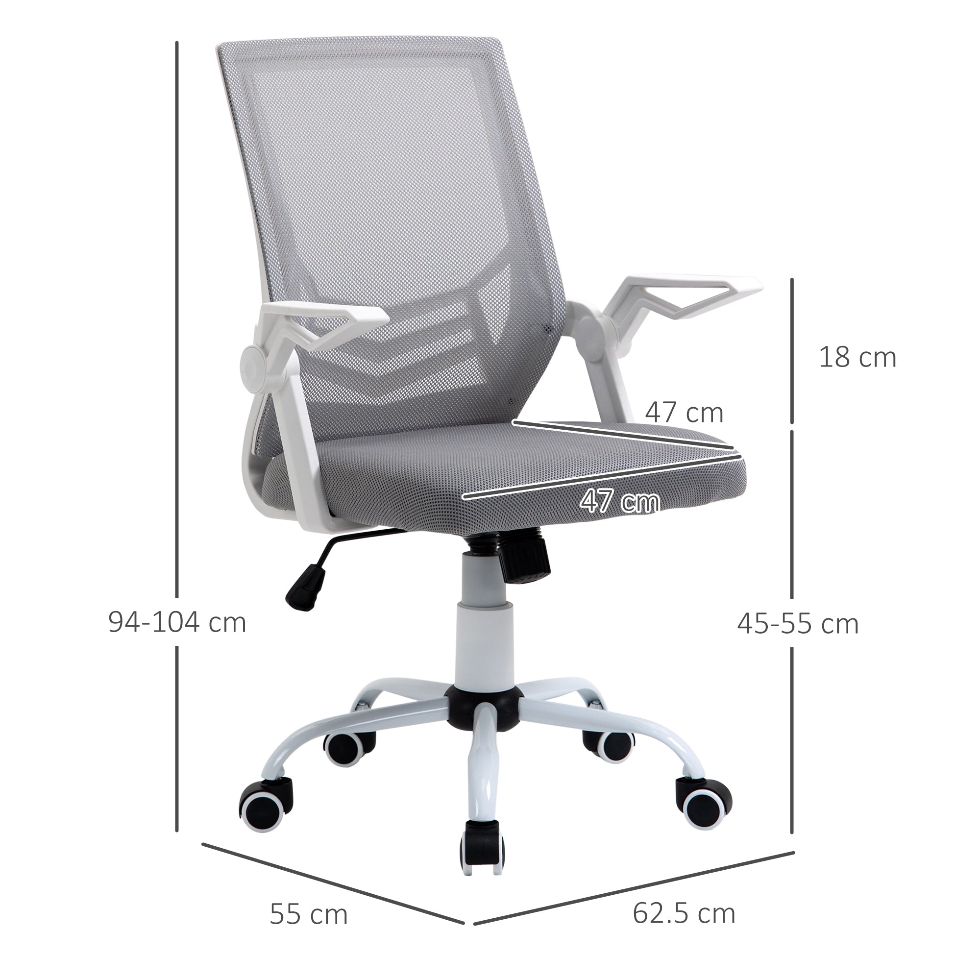 Gray vinsetto office chair with white frame, five wheels, adjustable height, ergonomic lumbar support, and flip-up armrest