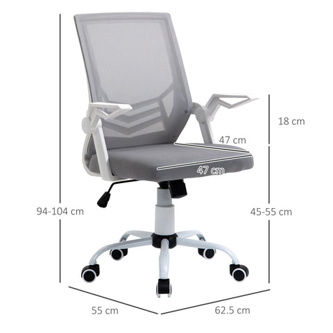 Gray vinsetto office chair with white frame, five wheels, adjustable height, ergonomic lumbar support, and flip-up armrest
