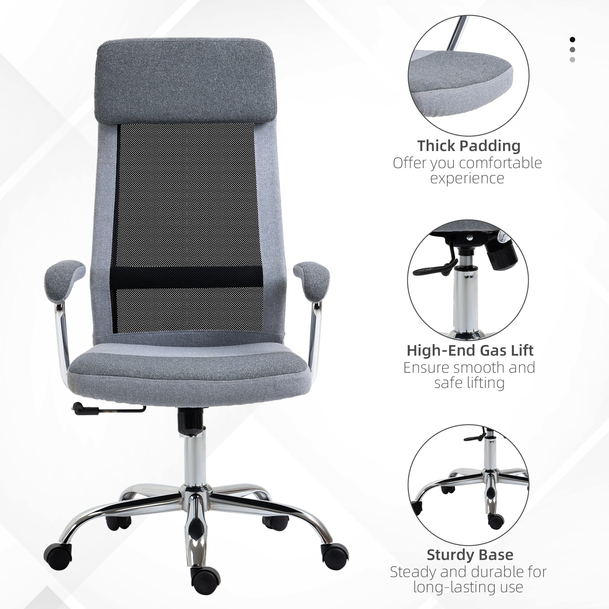 Gray vinsetto office chair with mesh back padded linen fabric seat chrome base perfect for home study with line design