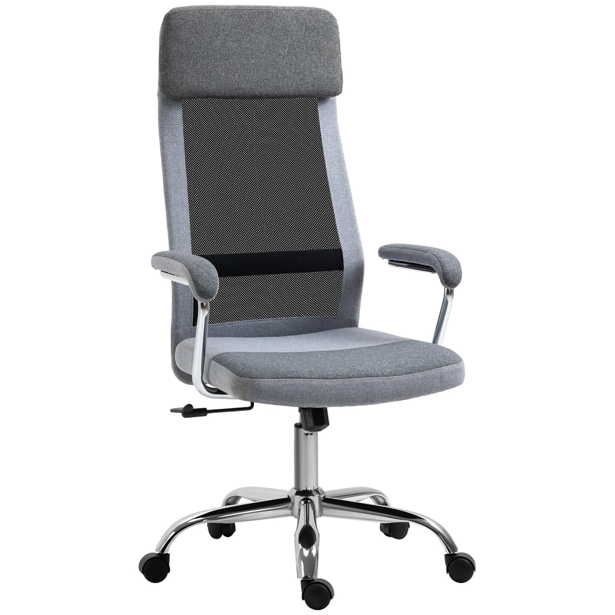 Gray vinsetto office chair with mesh back, linen-feel seat, chrome base, and rolling wheels for home study use