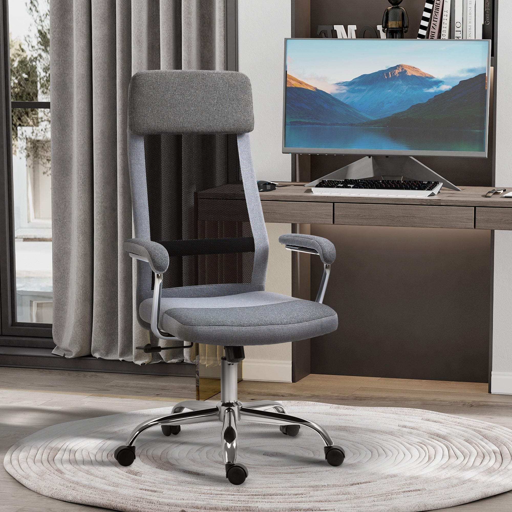 Vinsetto gray mesh office chair with padded linen-feel seat, chrome base, and swivel wheels for home study line design