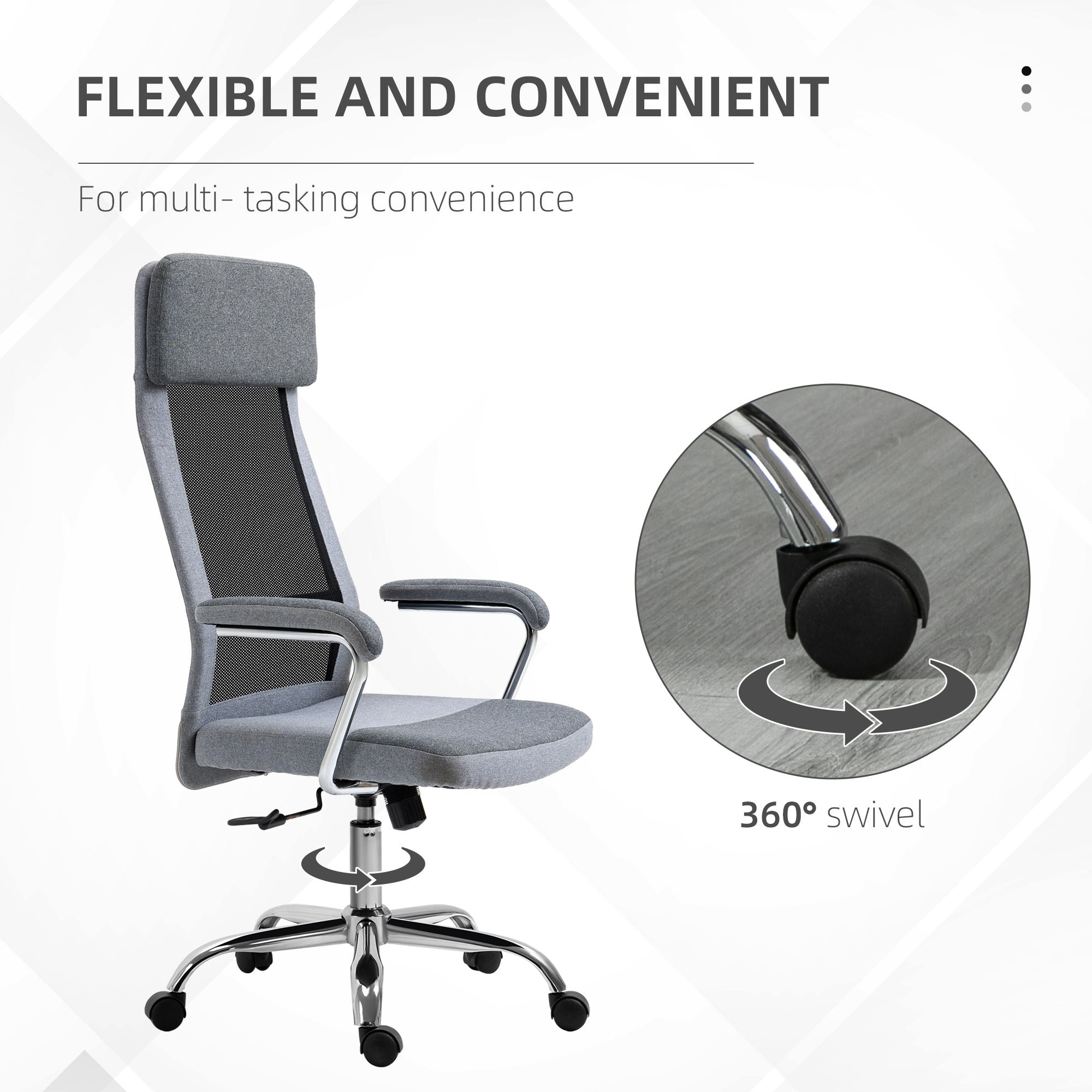 Gray mesh vinsetto office chair with chrome base and black casters perfect for home study with sleek line design