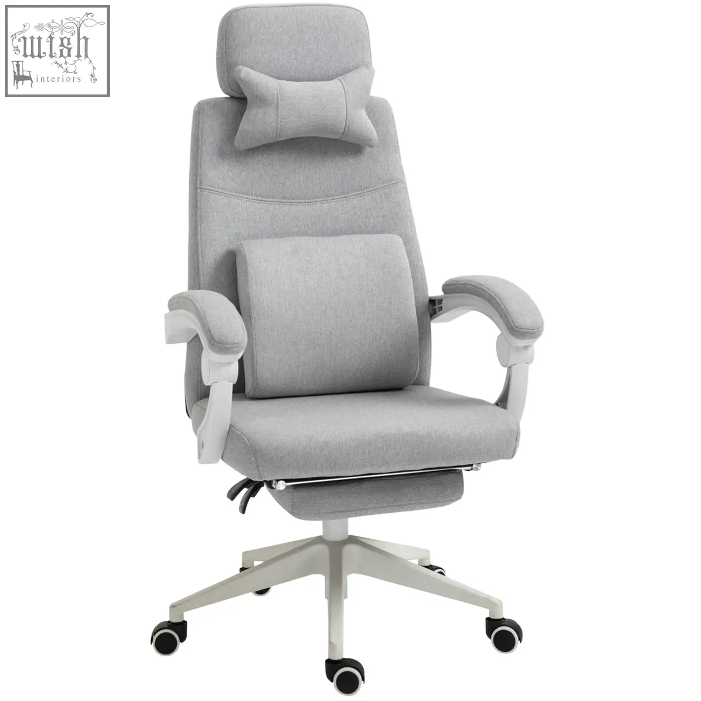 Gray vinsetto office chair with fabric upholstery, adjustable head and lumbar pillows, white plastic armrests and base