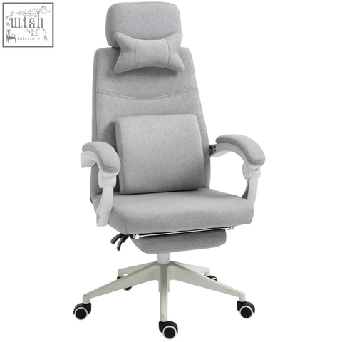 Gray vinsetto office chair with fabric upholstery, adjustable head and lumbar pillows, white plastic armrests and base