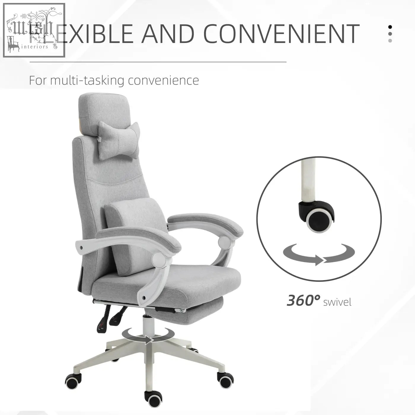 Gray upholstered vinsetto office chair with adjustable headrest armrests and swivel casters for home and study use