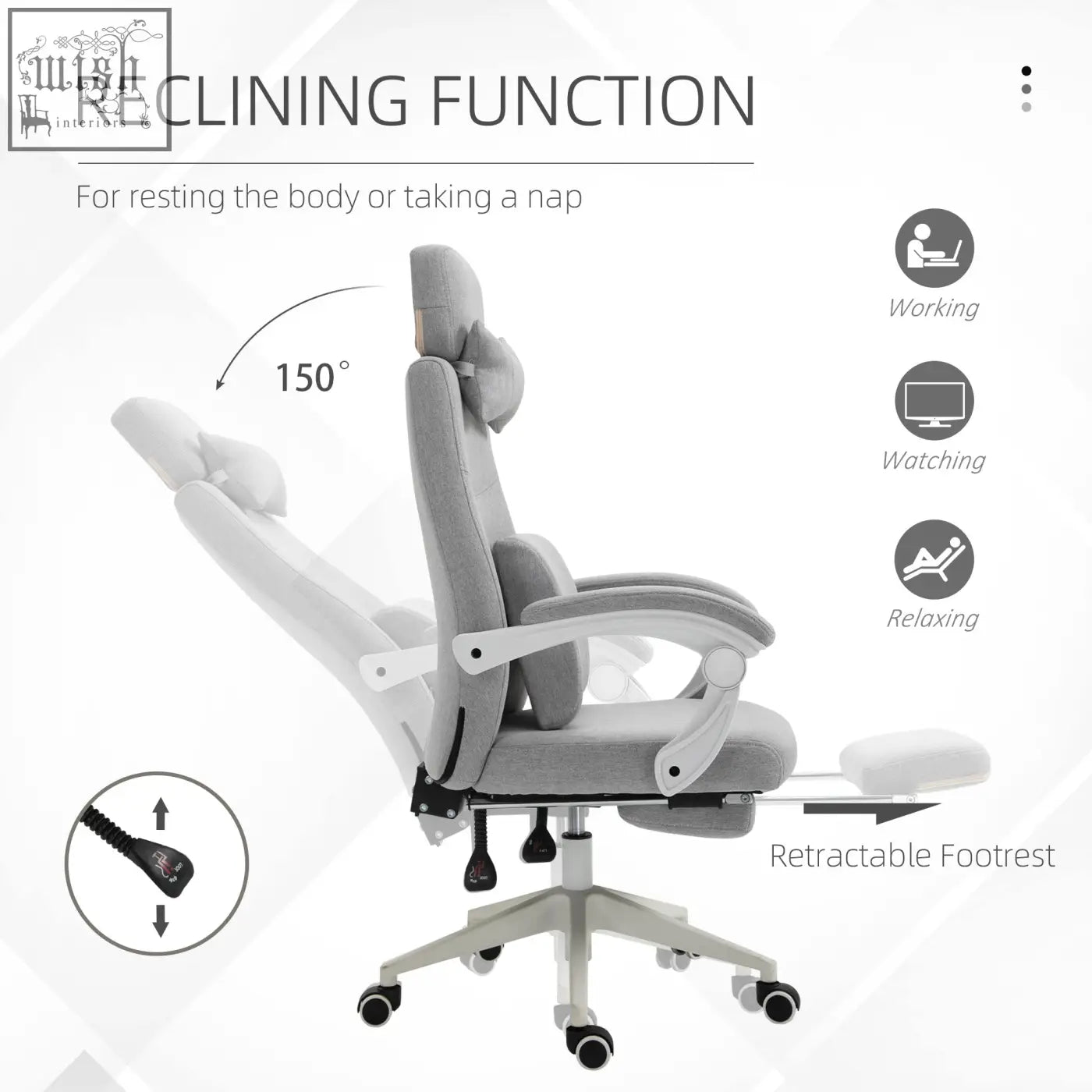 Gray vinsetto office chair with 150 degree recline, adjustable armrests, and retractable footrest for home office