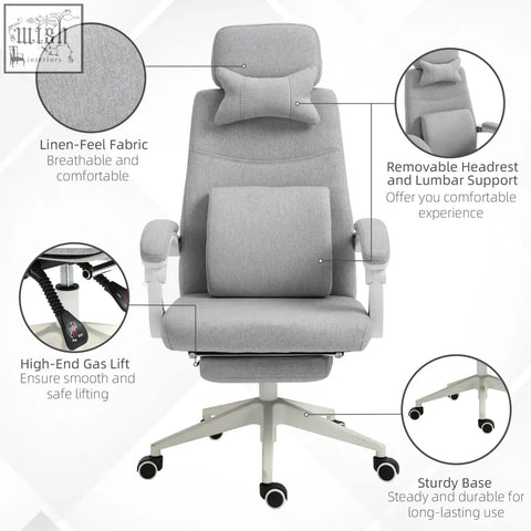 Gray linen-feel vinsetto office chair with removable headrest and lumbar support for home and study use