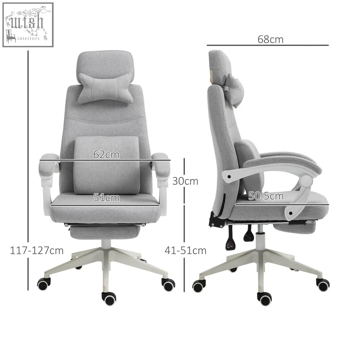 Gray fabric vinsetto office chair with adjustable headrest footrest white armrests ergonomic design for home office