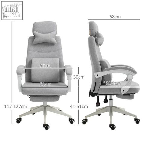 Gray fabric vinsetto office chair with adjustable headrest footrest white armrests ergonomic design for home office
