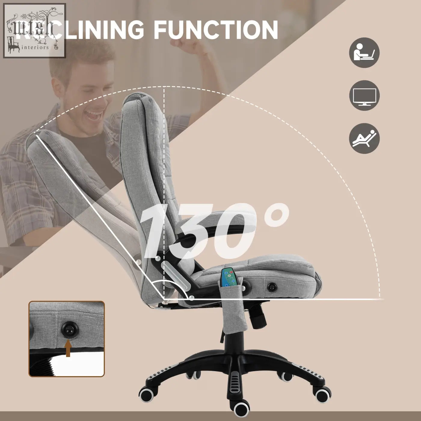Vinsetto office chair in light grey linen fabric features six massage points and a 130-degree reclining function with black casters