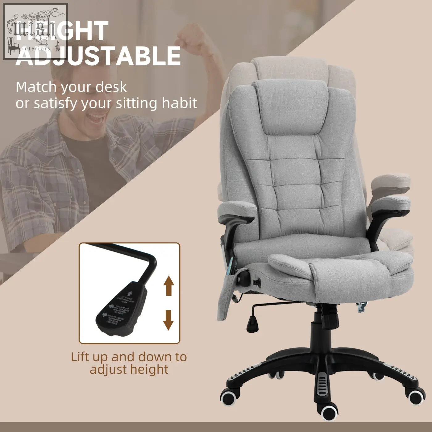 Gray vinsetto office chair with linen-feel fabric, black metal base, ergonomic design, and features six massage points