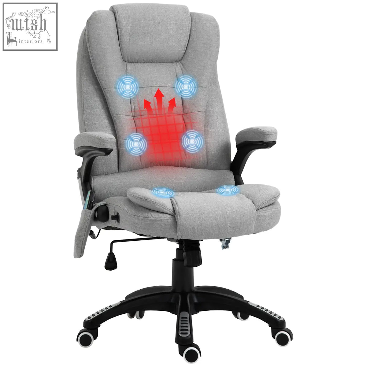 Vinsetto office chair in light grey linen fabric features six massage points and heated back with black base and wheels
