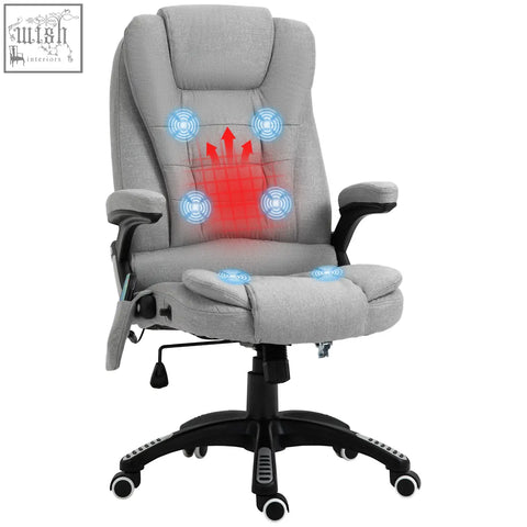 Vinsetto office chair in light grey linen fabric features six massage points and heated back with black base and wheels