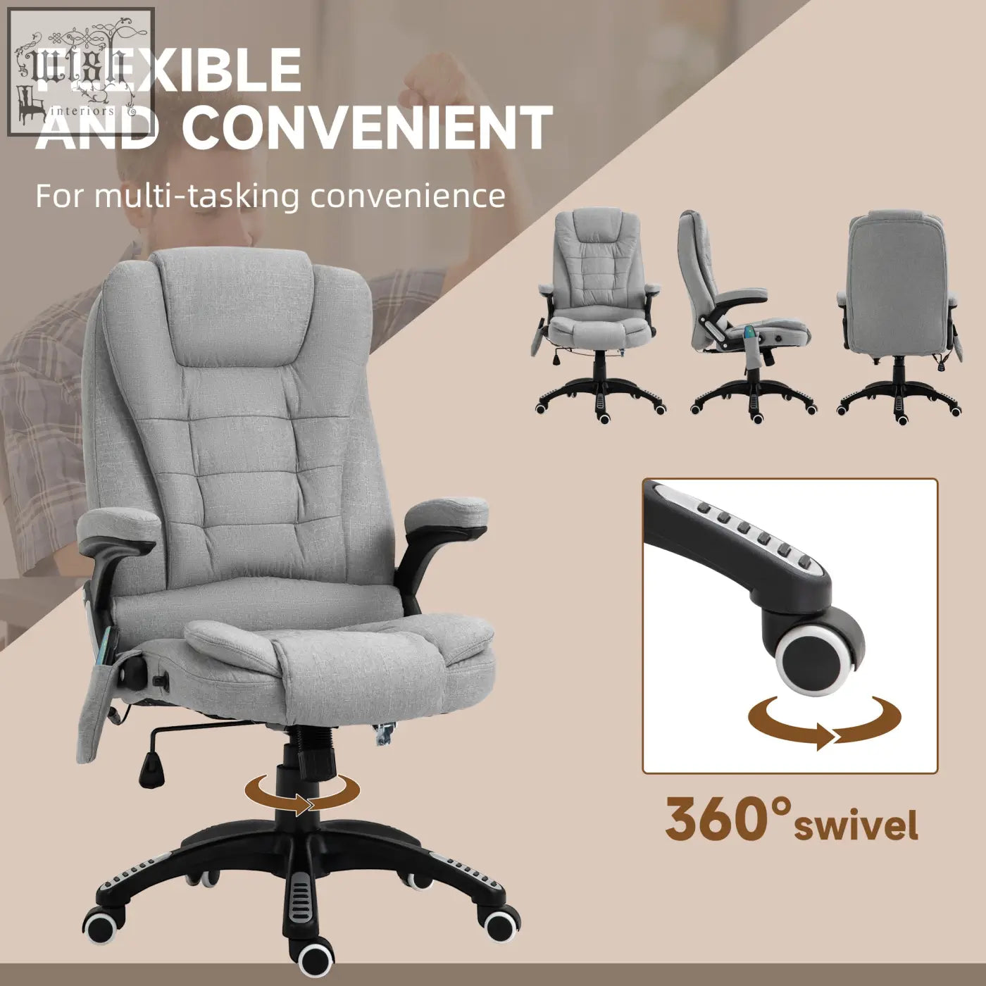 Vinsetto office chair in light grey linen feel fabric features six massage points and adjustable ergonomic design with swivel base