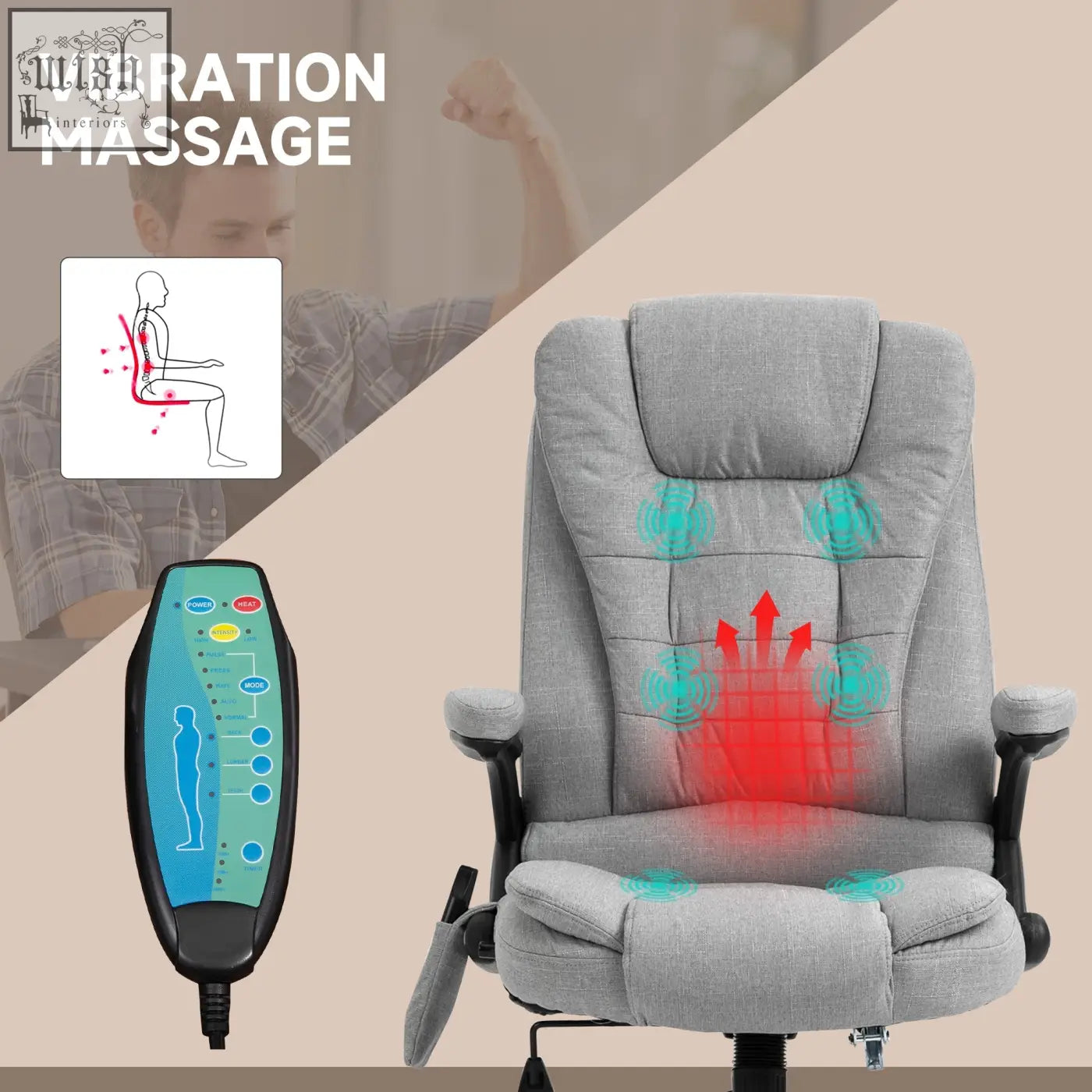 Vinsetto light grey linen office chair features six massage points with built-in vibration and matching remote control