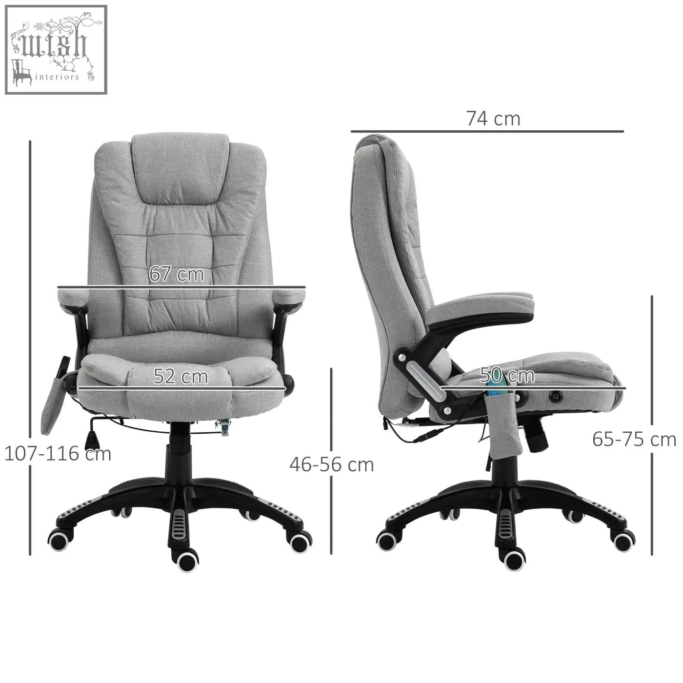 Gray vinsetto office chair with linen-feel fabric, black base, adjustable armrests, features six massage points