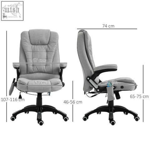 Gray vinsetto office chair with linen-feel fabric, black base, adjustable armrests, features six massage points