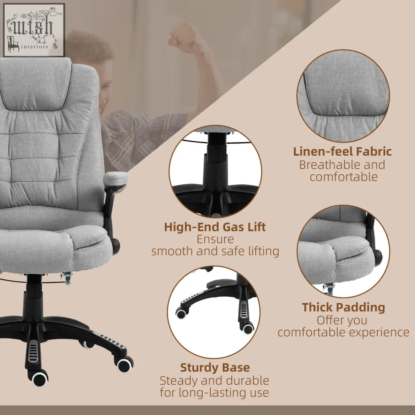 Vinsetto office chair in light grey linen-feel fabric features six massage points and a black gas lift base for comfort