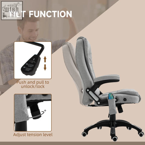 Vinsetto office chair in light grey linen fabric with black frame and wheels features six massage and ergonomic tilt function