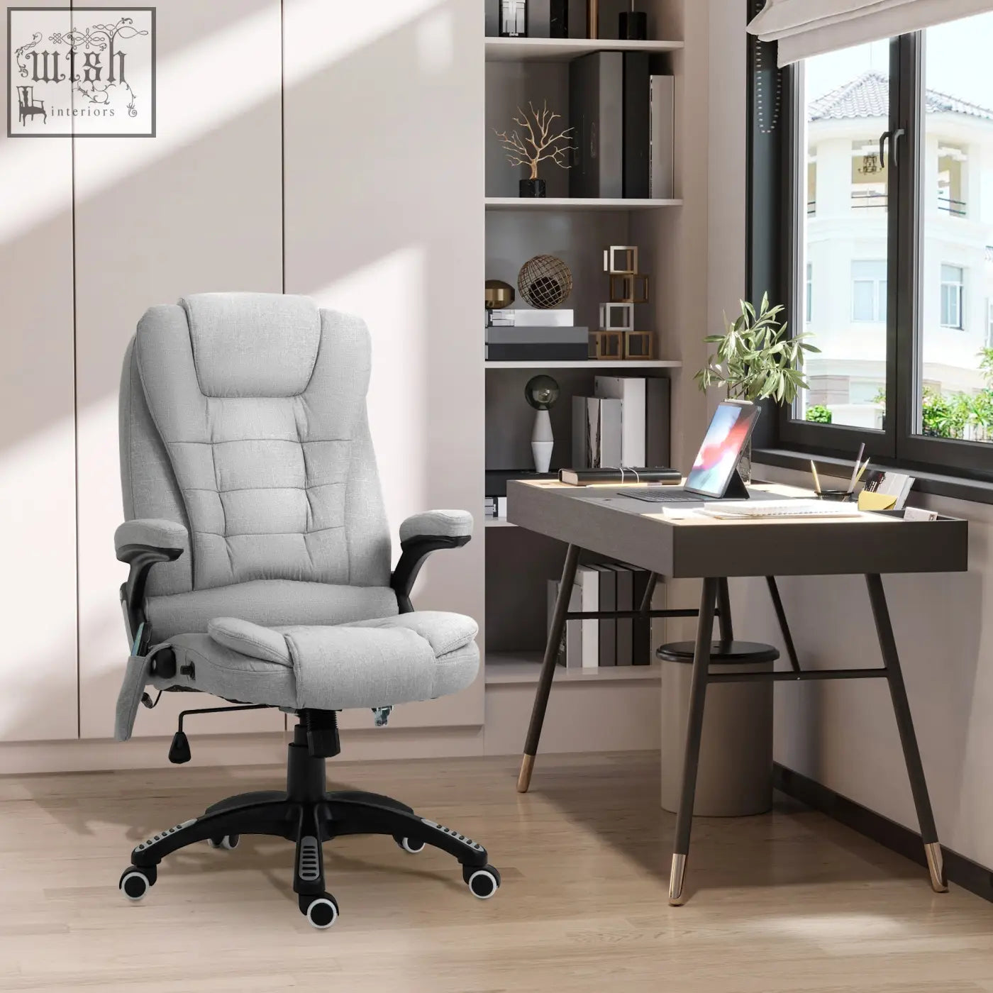 Light gray vinsetto office chair with linen fabric, reclining footrest, black base, ergonomic design, features six massage points
