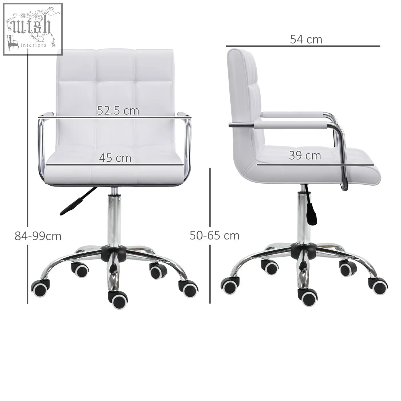 Vinsetto office chair white faux leather swivel study chair with chrome frame five-wheel base and under-seat lever