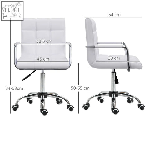 Vinsetto office chair white faux leather swivel study chair with chrome frame five-wheel base and under-seat lever