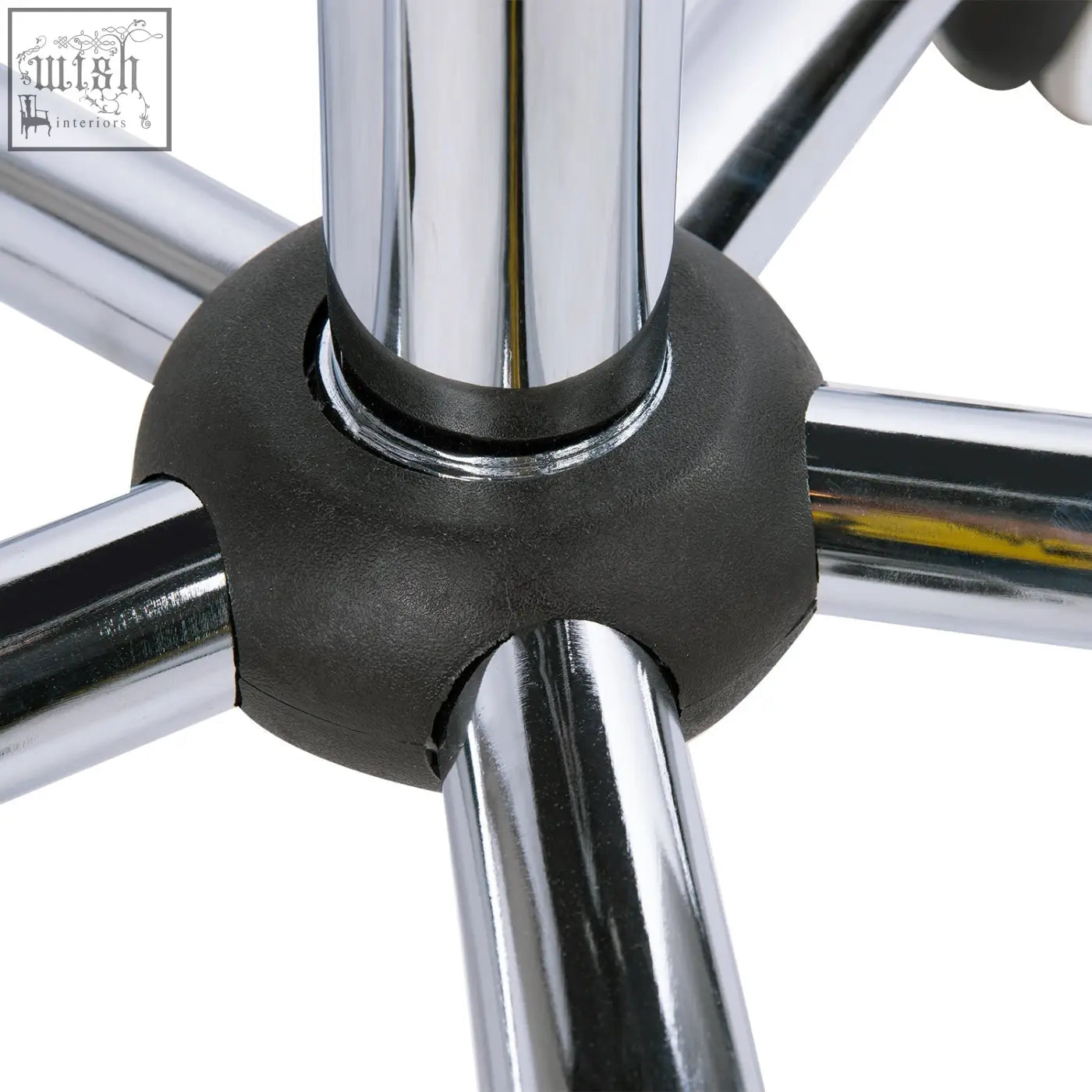 Chrome finished metal frame with black rubberized hub on vinsetto office chair featuring under seat lever and rolling wheels