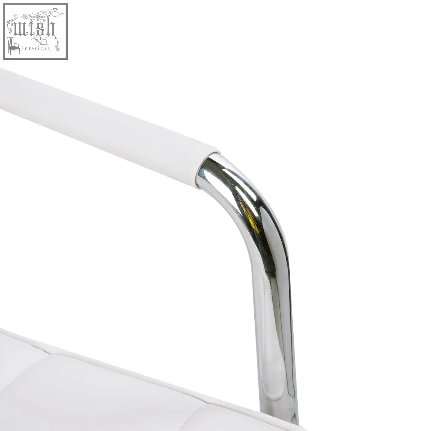 White padded armrest with polished chrome frame on vinsetto office chair with under-seat lever and rolling wheels