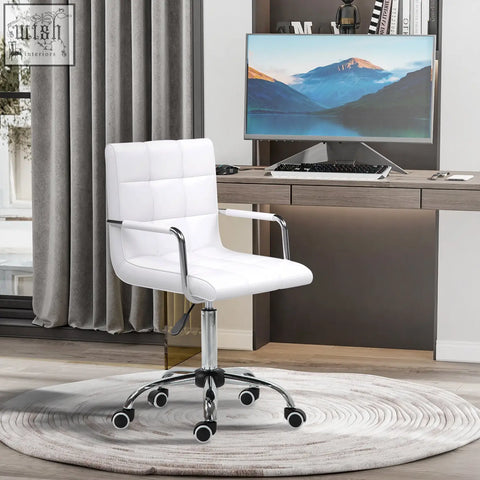 White vinsetto office chair with chrome armrests and base featuring adjustable height under-seat lever and rolling wheels