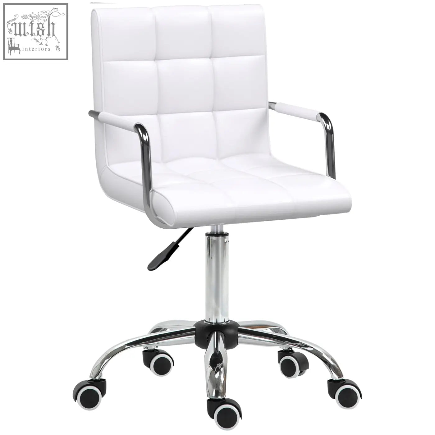 White vinsetto office chair with chrome armrests and base, faux leather, swivel with under-seat lever and rolling wheels