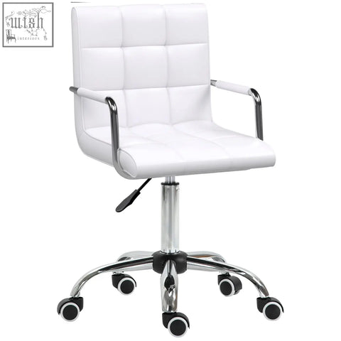 White vinsetto office chair with chrome armrests and base, faux leather, swivel with under-seat lever and rolling wheels