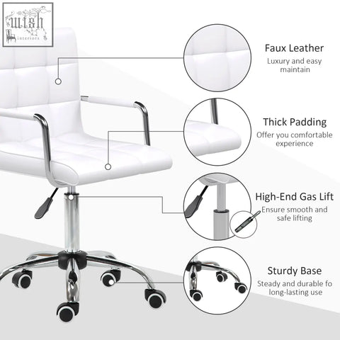 White faux leather vinsetto office chair with chrome arms base swivel study chair with under-seat lever and wheels