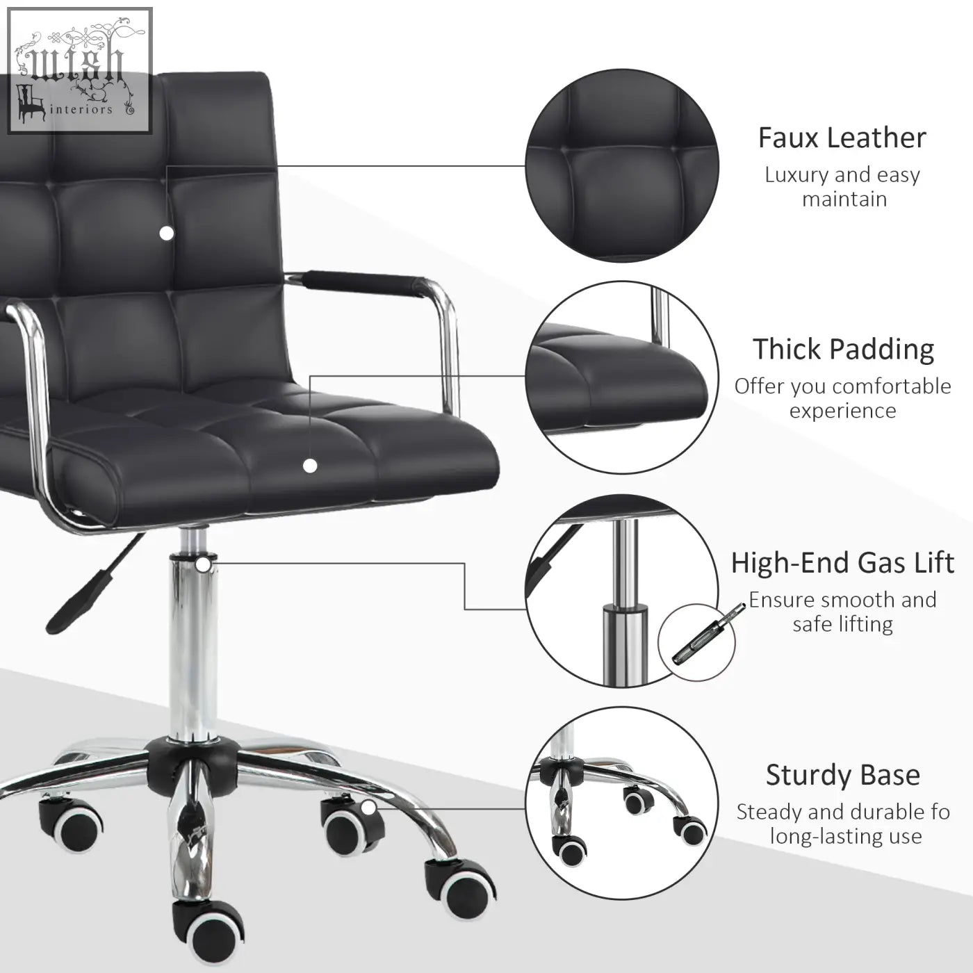 Black vinsetto office chair with tufted faux leather, chrome frame, rolling wheels, adjustable height with under-seat lever