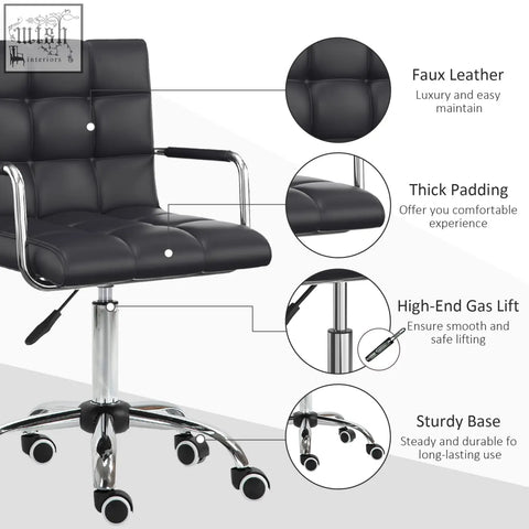 Black vinsetto office chair with tufted faux leather, chrome frame, rolling wheels, adjustable height with under-seat lever