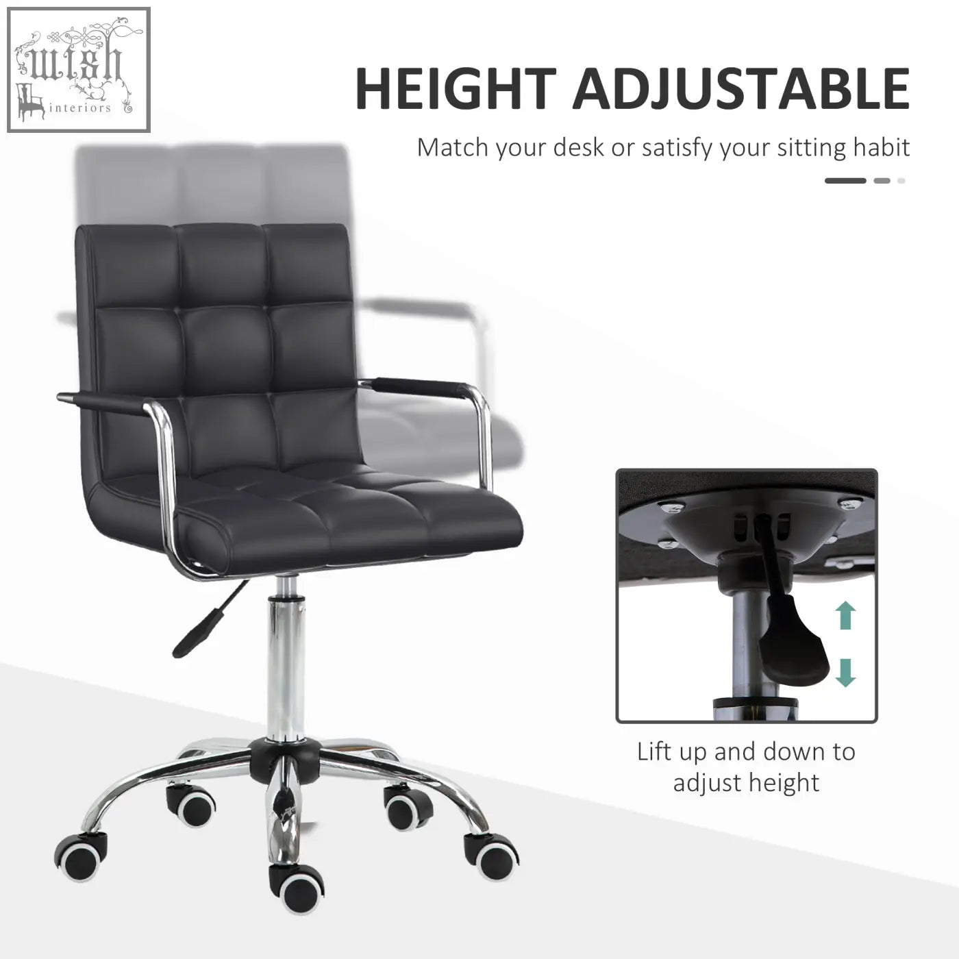 Black vinsetto office chair with chrome frame, pu leather, adjustable height under-seat lever, and rolling wheels