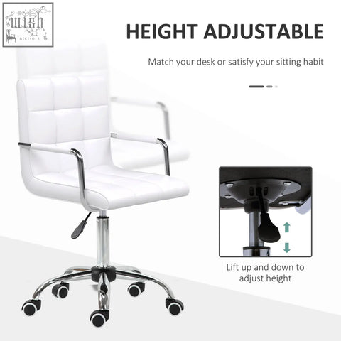 White vinsetto office chair with chrome frame, pu leather, rolling wheels, adjustable height under-seat lever