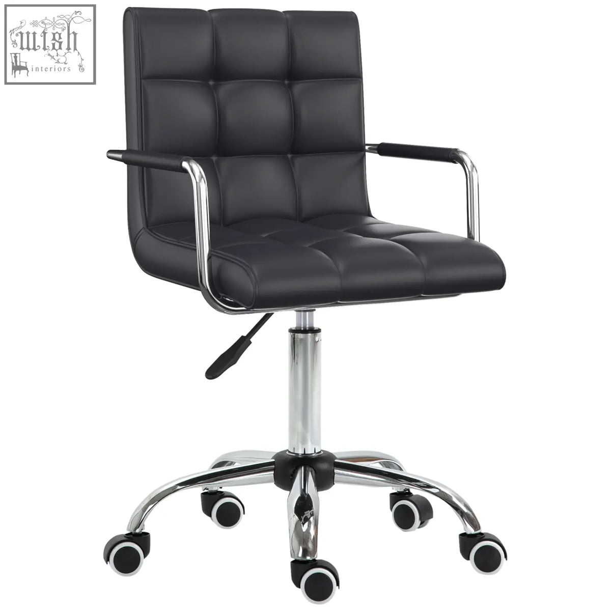 Black tufted leather vinsetto office chair with chrome armrests and under-seat lever for adjustable height and swivel use